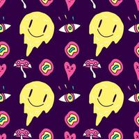 Trippy sonrisa emoji cara de patrones sin fisuras, ilustración para fondo o mercancía de ropa. con pop moderno y estilo retro. vector