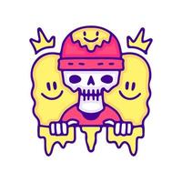 Hype skull in beanie hat with melted smile face doodle art, illustration for t-shirt, sticker, or apparel merchandise. With modern pop style. vector