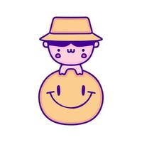 lindo bebé con sombrero de cubo con símbolo de cara sonriente arte de garabato, ilustración para camiseta, pegatina o mercancía de ropa. con pop moderno y estilo kawaii. vector