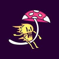 Trippy skull character riding magic mushroom cartoon, illustration for t-shirt, sticker, or apparel merchandise. With modern pop and urban style. vector