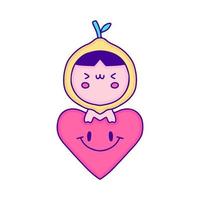 Cute baby in lemon fruit costume holding love symbol doodle art, illustration for t-shirt, sticker, or apparel merchandise. With modern pop and kawaii style. vector