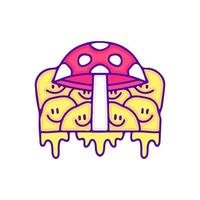 Trippy magic mushroom and melted smile emoji face doodle art, illustration for t-shirt, sticker. With modern pop style. vector