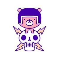 oso de bebé fresco con casco con arte de garabato de cráneo relámpago, ilustración para camiseta, pegatina o mercancía de ropa. con pop moderno y estilo kawaii. vector