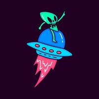 cráneo alienígena con dibujos animados de naves espaciales, ilustración para camisetas, pegatinas o prendas de vestir. con pop moderno y estilo retro. vector