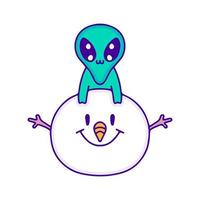 Cute baby alien with snowman doodle art, illustration for t-shirt, sticker, or apparel merchandise. With modern pop and kawaii style. vector