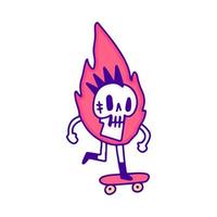 Cool punk skull on fire skateboarding doodle art, illustration for t-shirt, sticker, or apparel merchandise. With modern pop style. vector