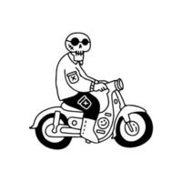 calavera retro montando moto clásica, ilustración para camisetas, pegatinas o prendas de vestir. con pop moderno y estilo retro. vector