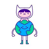 Cute baby in cat costume with earth planet mascot character doodle art, illustration for t-shirt, sticker, or apparel merchandise. With modern pop and kawaii style. vector