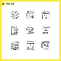 Pack of 9 creative Outlines of book heart box ribbon love technology Editable Vector Design Elements