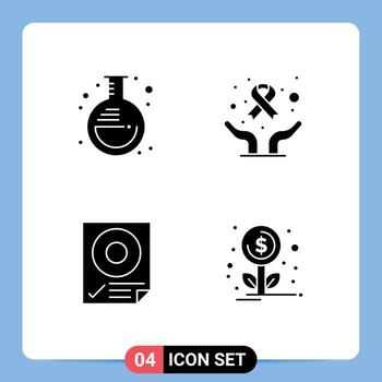 paquete de línea de vector editable de 4 glifos sólidos simples de elementos de diseño de vector editables de página de día de cáncer de laboratorio de datos de experimento