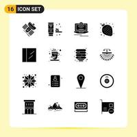 Pack of 16 Modern Solid Glyphs Signs and Symbols for Web Print Media such as night strawberry produce fruit monitor Editable Vector Design Elements