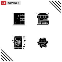 Mobile Interface Solid Glyph Set of 4 Pictograms of home globe purchase store phone Editable Vector Design Elements