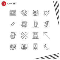 User Interface Pack of 16 Basic Outlines of pencil love cross holidays heart Editable Vector Design Elements