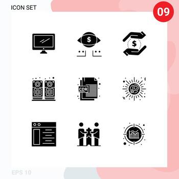 Group of 9 Modern Solid Glyphs Set for cdr format speaker digital sound money Editable Vector Design Elements