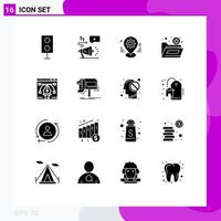 16 Universal Solid Glyph Signs Symbols of security file megaphone bug pin Editable Vector Design Elements