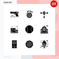 9 Thematic Vector Solid Glyphs and Editable Symbols of ball shopping fitness favorite decoration Editable Vector Design Elements