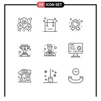 Pictogram Set of 9 Simple Outlines of avatar success achievement trophy award Editable Vector Design Elements