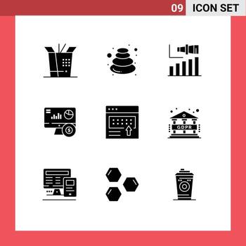 Pack of 9 Modern Solid Glyphs Signs and Symbols for Web Print Media such as announcement investment long graph monitor Editable Vector Design Elements