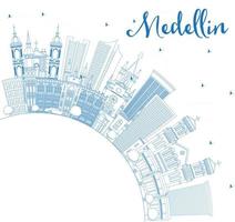 Outline Medellin Colombia City Skyline with Blue Buildings and Copy Space. vector