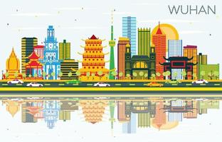 Wuhan China City Skyline with Color Buildings, Blue Sky and Reflections. vector