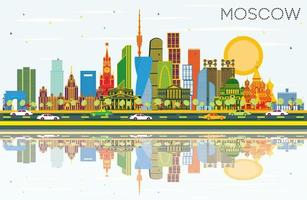 Moscow Russia City Skyline with Color Buildings, Blue Sky and Reflections. vector