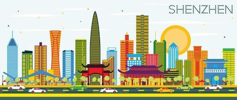 Shenzhen China City Skyline with Color Buildings and Blue Sky. vector