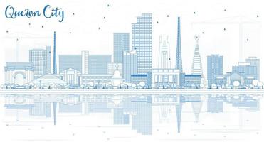 Outline Quezon City Philippines Skyline with Blue Buildings and Reflections. vector