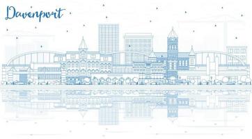 Outline Davenport Iowa Skyline with Blue Buildings and Reflections. vector