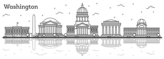 Outline Washington DC USA City Skyline with Modern Buildings and Reflections Isolated on White. vector