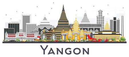 horizonte de la ciudad de yangon myanmar con edificios grises aislados en blanco. vector