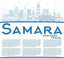 Outline Samara Russia City Skyline with Blue Buildings and Copy Space. vector