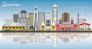 Samara Russia City Skyline with Color Buildings, Blue Sky and Reflections. vector