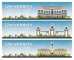 conjunto de carteles de estudios universitarios. ilustración vectorial los estudiantes van al edificio principal de la universidad. vector