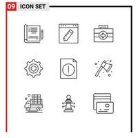 Universal Icon Symbols Group of 9 Modern Outlines of file alert graphic cogs gear Editable Vector Design Elements