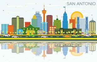 San Antonio Texas Skyline with Color Buildings, Blue Sky and Reflections. vector