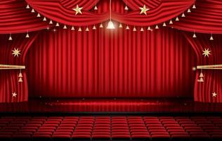 Red Stage Curtain with Seats and Copy Space. Theater, Opera or Cinema Scene. vector