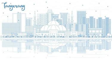 Outline Tangerang Indonesia City Skyline with Blue Buildings and Reflections. vector