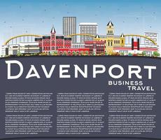Davenport Iowa Skyline with Color Buildings, Blue Sky and Copy Space. vector