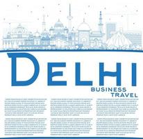 Outline Delhi India City Skyline with Blue Buildings with Copy Space. vector