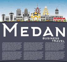 Medan Indonesia City Skyline with Color Buildings, Blue Sky and Copy Space. vector