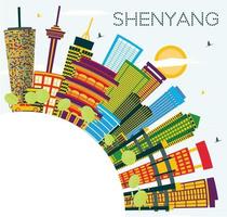 horizonte de la ciudad china de shenyang con edificios de color, cielo azul y espacio para copiar. vector