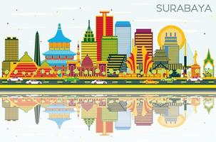 horizonte de surabaya indonesia con edificios de color, cielo azul y reflejos. vector