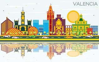 Valencia Spain City Skyline with Color Buildings, Blue Sky and Reflections. vector