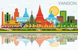 horizonte de la ciudad de yangon myanmar con edificios de color, cielo azul y reflejos. vector