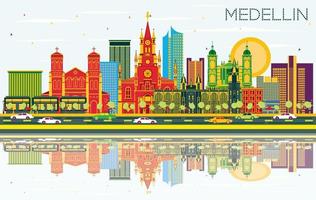 Medellin Colombia City Skyline with Color Buildings, Blue Sky and Reflections. vector