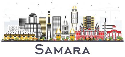 Samara Russia City Skyline with Color Buildings Isolated on White. vector