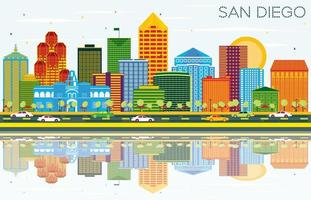 San Diego California Skyline with Color Buildings, Blue Sky and Reflections. vector