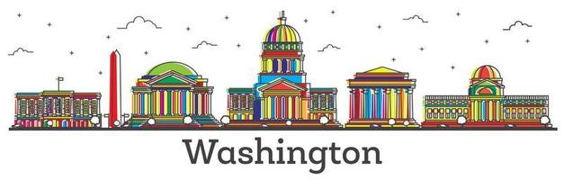 Outline Washington DC USA City Skyline with Color Buildings Isolated on White. vector