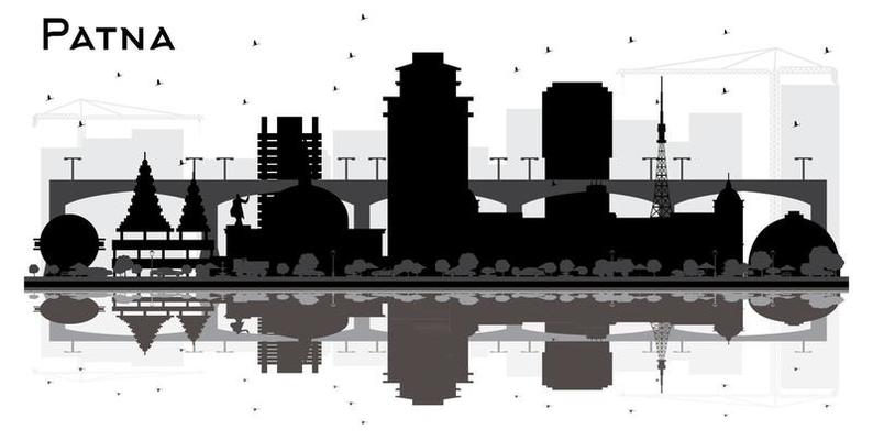 Patna India City Skyline Silhouette with Black Buildings and Reflections Isolated on White Background.