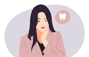 beautiful young girl has toothache. holding his cheek. sad expression. half body. tooth icon. concept of health, dental care, disease. vector flat colored illustration.